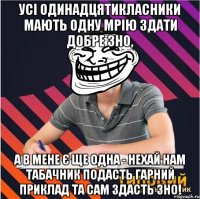 усі одинадцятикласники мають одну мрію здати добре зно, а в мене є ще одна - нехай нам табачник подасть гарний приклад та сам здасть зно!