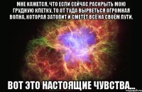 мне кажется, что если сейчас раскрыть мою грудную клетку, то от туда вырветься огромная волна, которая затопит и сметёт всё на своём пути. вот это настоящие чувства...