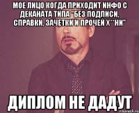 мое лицо когда приходит инфо с деканата типа "без подписи, справки, зачетки и прочей х**ни" диплом не дадут