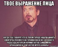 твое выражение лица когда тебе говорят,что в твоем городе нашли никиту джигурду,похожего на гопника васю из соседнего подьезда,который кормил котов сумками из крокодилов и учит котов жрать бокалы