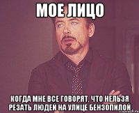 мое лицо когда мне все говорят, что нельзя резать людей на улице бензопилой