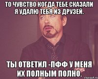 то чувство когда тебе сказали я удалю тебя из друзей. ты ответил -пфф у меня их полным полно.