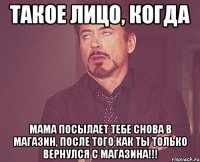 такое лицо, когда мама посылает тебе снова в магазин, после того как ты только вернулся с магазина!!!