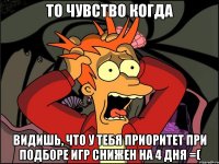 то чувство когда видишь, что у тебя приоритет при подборе игр снижен на 4 дня =(