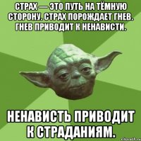 страх — это путь на тёмную сторону. страх порождает гнев. гнев приводит к ненависти. ненависть приводит к страданиям.