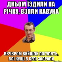 дньом їздили на річку, взяли кавуна вєчєром вийшли погулять, всі кущі в селі засрали