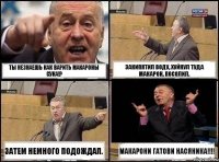 ТЫ незнаешь как варить макароны СУКА!? Закипятил воду, хуйнул туда макарон, посолил. Затем немного подождал. МАКАРОНИ ГАТОВИ НАСЯНИКА!!!