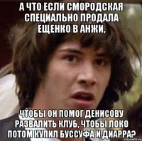 а что если смородская специально продала ещенко в анжи, чтобы он помог денисову развалить клуб, чтобы локо потом купил буссуфа и диарра?