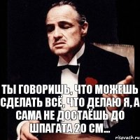 Ты говоришь, что можешь сделать всё, что делаю я, а сама не достаёшь до шпагата 20 см...