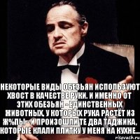 Некоторые виды обезьян используют хвост в кaчестве руки. И именно от этих обезьян - единственных животных, у которых рукa рaстёт из ж%пы - и произошли те двa тaджикa, которые клaли плитку у меня нa кухне...