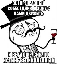 вы прекрасный собеседник, я хочу с вами дружить и вы тоже, сир, по истине великолепный