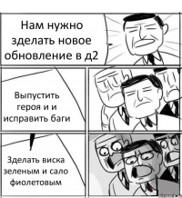 Нам нужно зделать новое обновление в д2 Выпустить героя и и исправить баги Зделать виска зеленым и сало фиолетовым