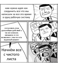 нам нужна идея как соединить все что мы написали за все это время в одну рабочую систему согласовать план дальнейших действий а так же начинать связывать то что возможно с тем что есть в данный момент Начнём все с чистого листа