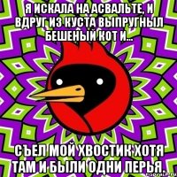 я искала на асвальте, и вдруг из куста выпругныл бешеный кот и... съел мой хвостик хотя там и были одни перья.
