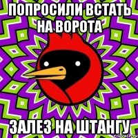 попросили встать на ворота залез на штангу