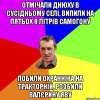 отмічали днюху в сусідньому селі, випили на пятьох 8 літрів самогону побили охранніка на тракторній, розбили валєрину яву