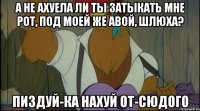 а не ахуела ли ты затыкать мне рот, под моей же авой, шлюха? пиздуй-ка нахуй от-сюдого