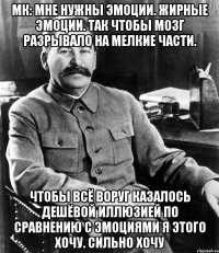 мк: мне нужны эмоции. жирные эмоции. так чтобы мозг разрывало на мелкие части. чтобы всё воруг казалось дешёвой иллюзией по сравнению с эмоциями я этого хочу. сильно хочу