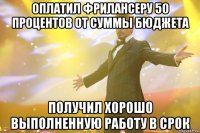 оплатил фрилансеру 50 процентов от суммы бюджета получил хорошо выполненную работу в срок