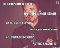 Он на наркомана похож Фу, страшный какой А у него есть девушка? Он никогда не женится на тебе А че он дреды куда дел? Че такой худой-то? ТЗ