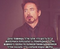  доча, помнишь тетю галю, что шесть лет в мухосранск переехала? её троюродная сестра маминого свояка по папиной линии бабушкиной тётки сказала, что у кольки кошка умерла