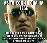 а что, если я скажу тебе что ты очень милая, симпатичная девушка, с красивой улыбкой, и глазами, и мне очень понравилось как я провел с тобой веря