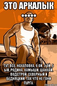 это аркалык ••••• тут все, нахаловка, 6 ой, 2 ой, 5 ый, родина, камыши, шанхай, водстрой, северный и бедняцкий. так что не гони пургу.