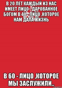 в 20 лет каждый из нас имеет лицо - дарованное богом в 40 - лицо ,которое нам дала жизнь в 60 - лицо ,которое мы заслужили..