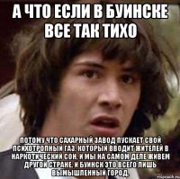 а что если в буинске все так тихо потому что сахарный завод пускает свой психотропный газ, который вводит жителей в наркотический сон, и мы на самом деле живем другой стране. и буинск это всего лишь вымышленный город.