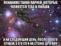 ненавижу таких парней, которые клянутся тебе в любви, а на следующий день, после твоего отказа, у его сп и на стенке другая!(