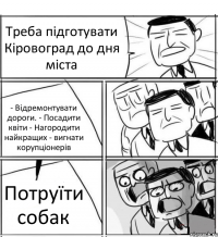 Треба підготувати Кіровоград до дня міста - Відремонтувати дороги. - Посадити квіти - Нагородити найкращих - вигнати корупціонерів Потруїти собак