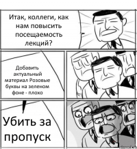 Итак, коллеги, как нам повысить посещаемость лекций? Добавить актуальный материал Розовые буквы на зеленом фоне - плохо Убить за пропуск