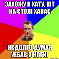 захожу в хату, кіт на столі хаває нєдолго думая уебав з ноги!