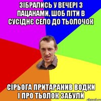 зібрались у вечері з пацанами, шоб піти в сусіднє село до тьолочок сірьога притаранив водки і про тьолок забули