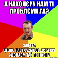 а нахолєру нам ті проблєми,га? завтра цевоо,набухаємось,вєртуху здєлаєм тай по носку