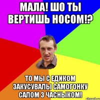 мала! шо ты вертишь носом!? то мы с едиком закусувалы самогонку салом з часныком!