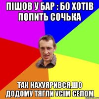 пішов у бар : бо хотів попить сочька так нахуярився,шо додому тягли усім селом