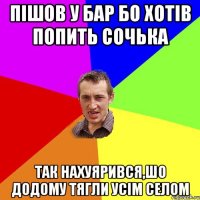 пішов у бар бо хотів попить сочька так нахуярився,шо додому тягли усім селом