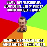 єбать, там метєліца на дворі хуяре. вже за мінуту послє вихода із дома шмарклі с волосамі в носу замерзають к єбєній матєрі