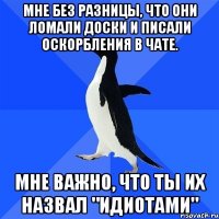 мне без разницы, что они ломали доски и писали оскорбления в чате. мне важно, что ты их назвал "идиотами"