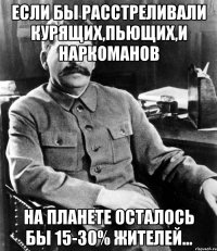 если бы расстреливали курящих,пьющих,и наркоманов на планете осталось бы 15-30% жителей...