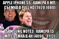 apple iphone 5s : камера 8 мп, съемка в full hd (1920:1080) samsung note3 : камера 13 мп,съемка в 4к (4096 : 3112)