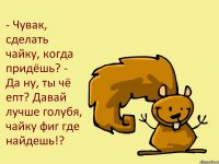 - Чувак, сделать чайку, когда придёшь? - Да ну, ты чё епт? Давай лучше голубя, чайку фиг где найдешь!?