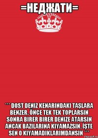 =неджати= *** dost deniz kenarındaki taşlara benzer. önce tek tek toplarsın sonra birer birer denize atarsın ancak bazılarına kıyamazsın. İşte sen o kıyamadıklarımdansın ***