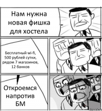 Нам нужна новая фишка для хостела Бесплатный wi-fi, 500 рублей сутки, рядом 7 магазинов, 12 банков Откроемся напротив БМ