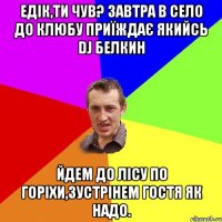 едік,ти чув? завтра в село до клюбу приїждає якийсь dj белкин йдем до лісу по горіхи,зустрінем гостя як надо.