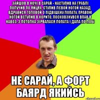 зайшов в ночі в сарай - наступив на граблі получив по яйцях, ступив лєвой ногой назад вдравися головой о підвішену лопату, правою ногой вступив в корито, посковзнувся впав в навоз, з потолка зірвалася лопата і дала по лобі не сарай, а форт баярд якийсь