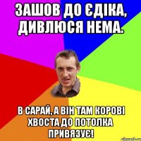 зашов до єдіка, дивлюся нема. в сарай, а він там корові хвоста до потолка привязує!