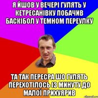 я йшов у вечері гулять у кетресанівку побачив баскібол у темном переулку та так пересра шо гулять перехотілось із минуту до малої прихуярив