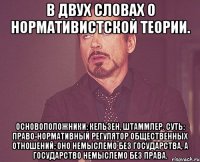 в двух словах о нормативистской теории. основоположники: кельзен, штаммлер. суть: право-нормативный регулятор общественных отношений; оно немыслемо без государства, а государство немыслемо без права.